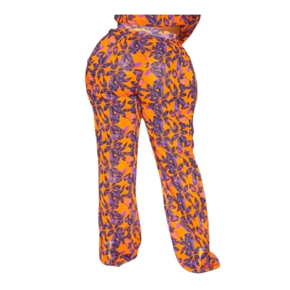 Pretty Little Thing NWT Plus Orange Print Beach Flares Pants Size 26 /3X